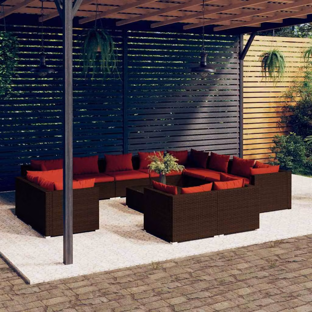 Set di divani da giardino vidaXL 13 pz a forma di U con cuscini e tavolino da esterno marrone e rosso