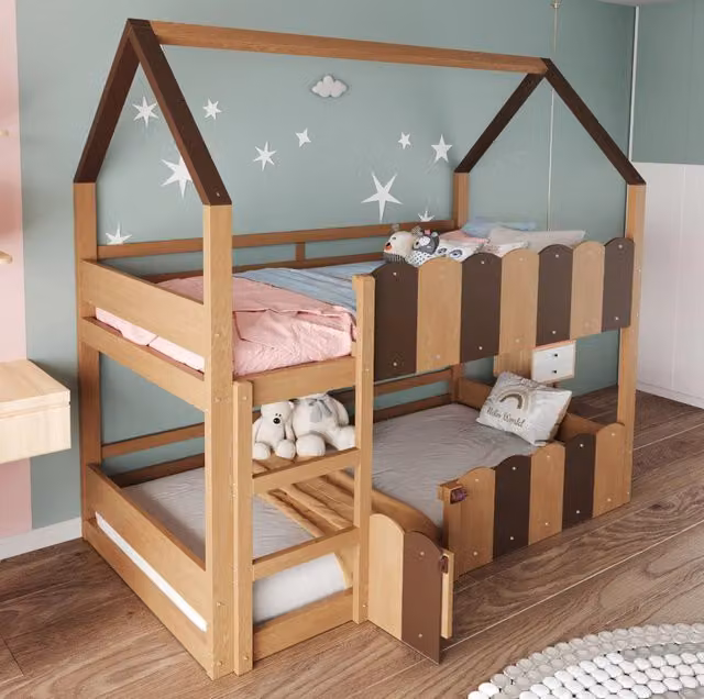 Letto a castello per bambini a forma di casa 90x200 cm in legno naturale