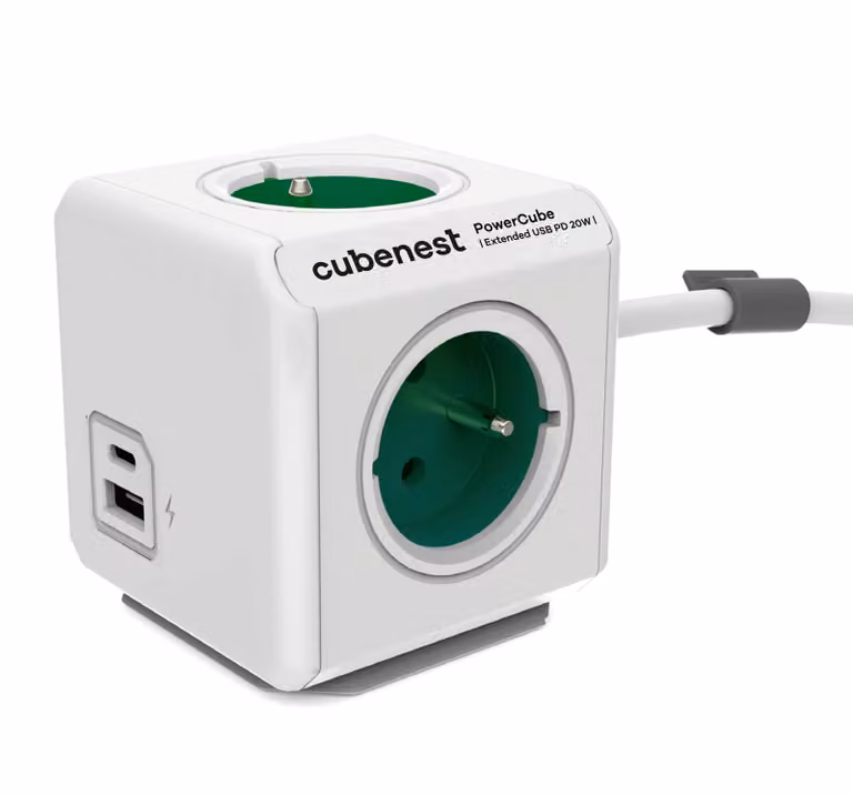 PowerCube Cubenest Extended USB PD 20W, A+C, cavo di prolunga da 1,5 m, verde - fusibile per bambini, messa a terra, max 16A/250V2500W/50-60Hz