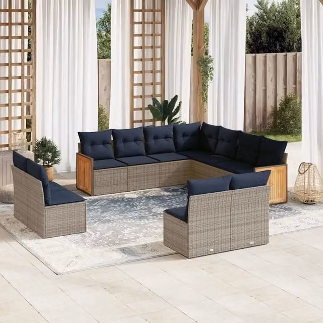 Set Divani da Giardino 11 pz con Cuscini Grigio in Polyrattan 3227769