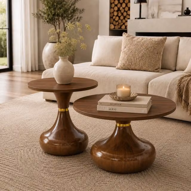 Set di tavolini da divano rotondi MIVRAY in MDF e metallo con finitura effetto noce e dettagli dorati, Ø 70 cm e Ø 50 cm