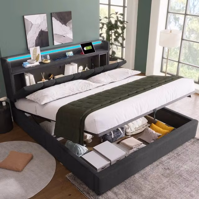 Letto Imbottito Contenitore 140x200 ¨C MINIMAL ¨C Grigio, LED, USB, Doghe in Legno