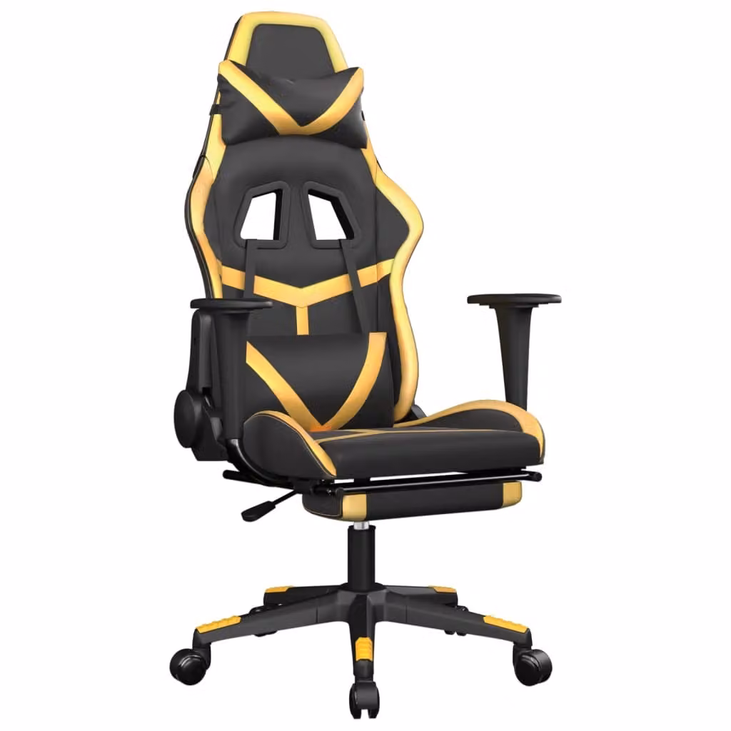 Sedia da Gaming Massaggiante Poggiapiedi Nero e Oro Pelle finta