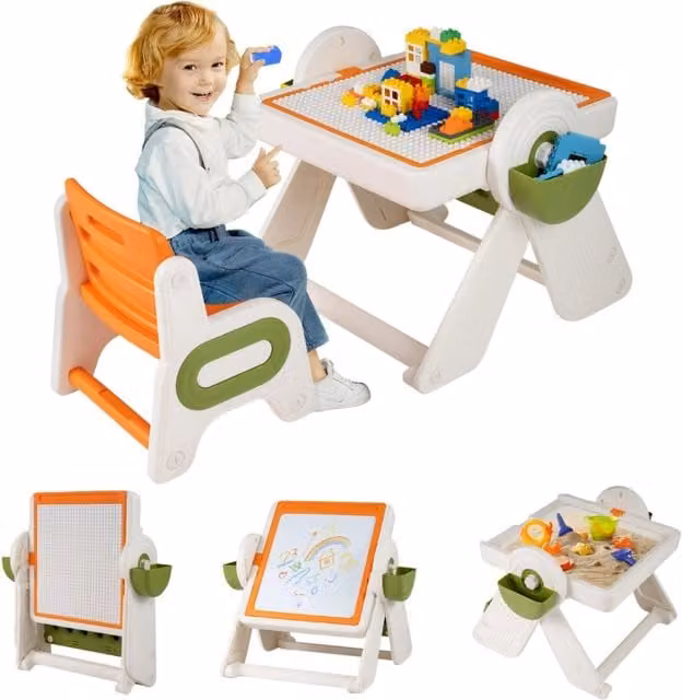 Set tavolo e sedia multifunzione 6 in 1 per bambini dai 18 mesi in su, cavalletto pieghevole con piano reversibile e porta penne, colore arancione – 1