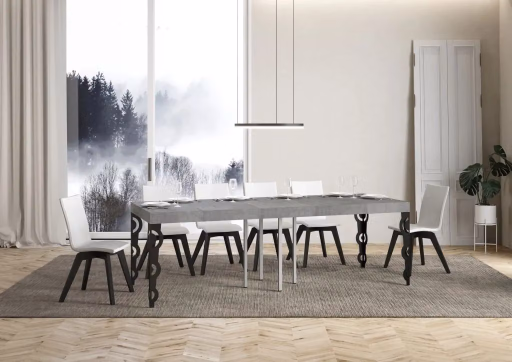 Tavolo allungabile moderno Ityhome con piano effetto cemento e telaio in metallo antracite L/P: 90 x 90 cm, estensibile fino a 246 cm – 2