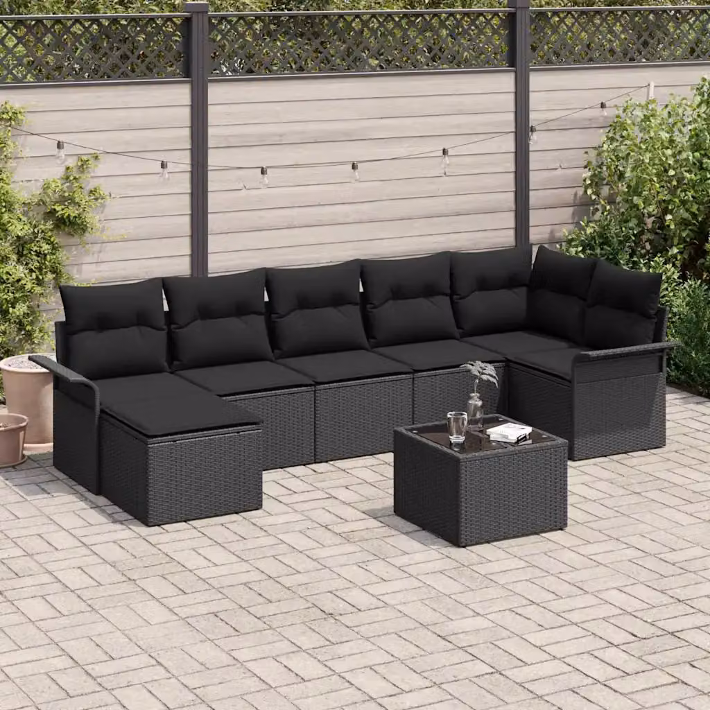 Set Divano da Giardino vidaXL 8 pz in Polyrattan Nero con Cuscini e Tavolino – 1