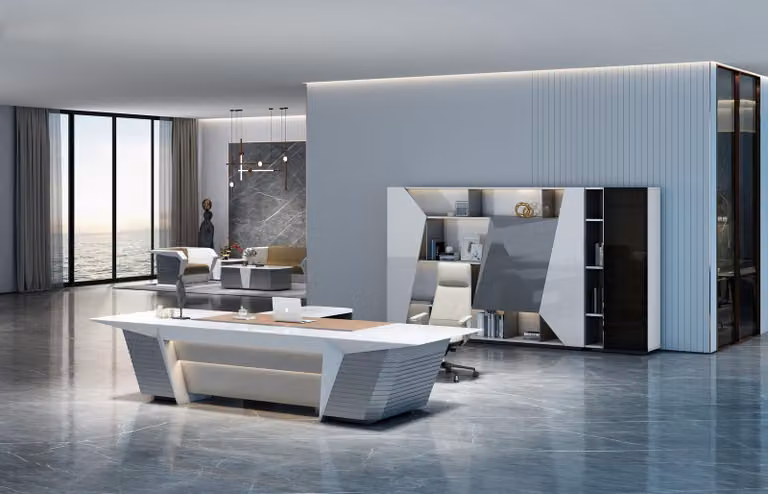 Schreibtisch und Büroschrank im modernen Design in Weiß