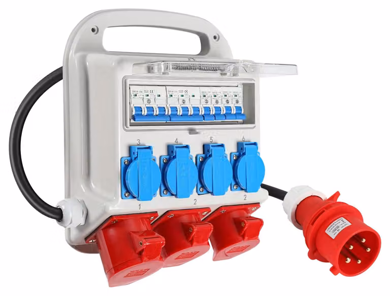 Distributore di energia per cantieri, dotato di: 2 prese CEE 400V/16A, 1 presa CEE 400V/32A, 4 prese 230V, interruttori automatici, cavo di alimentazione da 1,2 metri, ideale per impieghi in cantiere