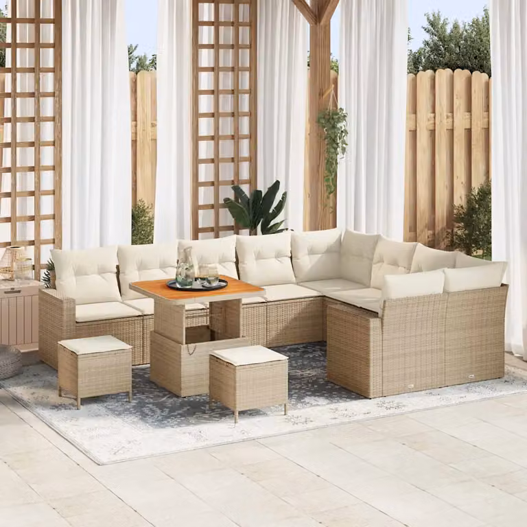 Set Divano da Giardino vidaXL 13 Pezzi Beige con Cuscini e Tavolino in Polyrattan e Acciaio