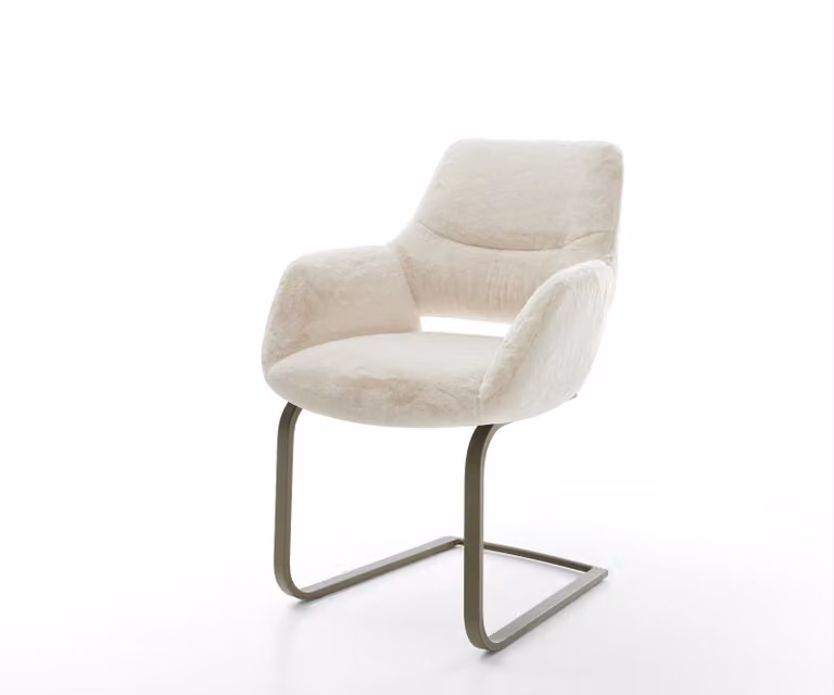 DELIFE Sedia a sbalzo Yago-Flex con braccioli, rivestimento in peluche bianco crema, struttura a sbalzo piatta, finitura effetto titanio, molle insacchettate