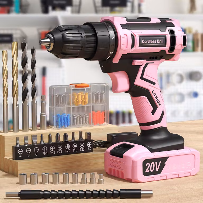 Trapano avvitatore a batteria da 20 V - Set di accessori da 85 pezzi - Coppia di serraggio di 42 Nm - Mandrino da 10 mm - Colore rosa