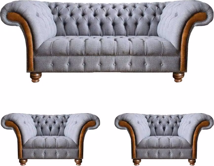 Hellgraue Chesterfield Luxus Garnitur Wohnzimmer 3-Sitzer Couch Sessel