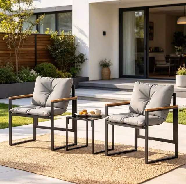 Set da Giardino 3 Pezzi con 2 Poltrone, Tavolo in Vetro Temperato e Cuscini