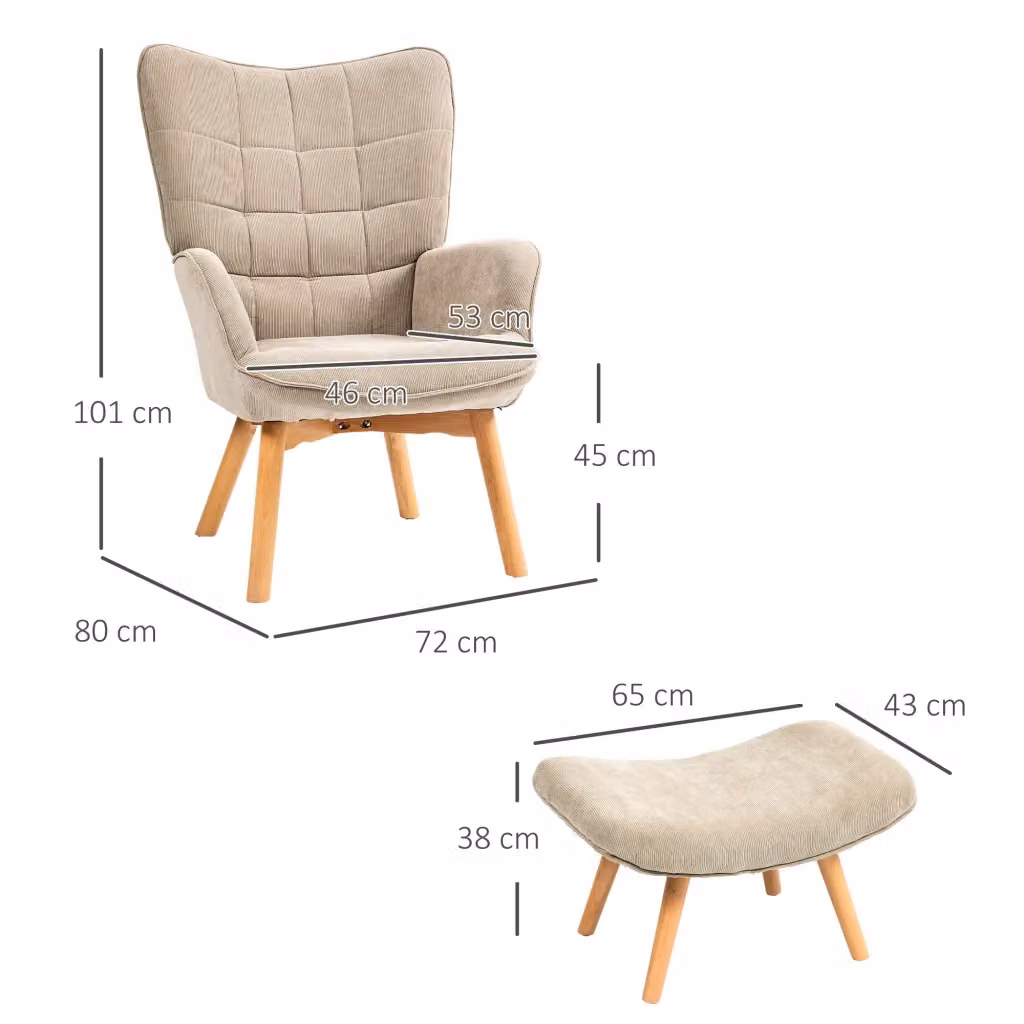 Poltrona relax con pouf WISHDOR color beige in tessuto, con struttura in metallo e gambe in legno di faggio – 2