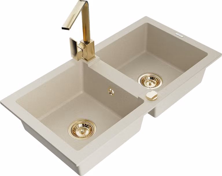 Mexen Mario lavello in granito a 2 vasche con rubinetto da cucina Rita, beige - 6504-69-670300-50