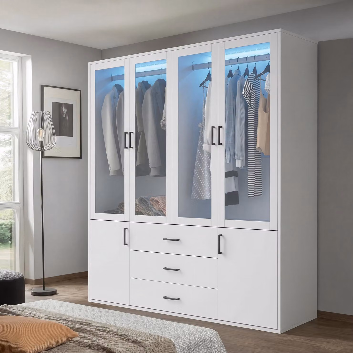 ARMADIO REMZETTA, 160 x 51,8 x 180 cm, armadio bianco a 4 ante con pannelli trasparenti, ideale per camere da letto e cabine armadio, perfetto per ambienti moderni