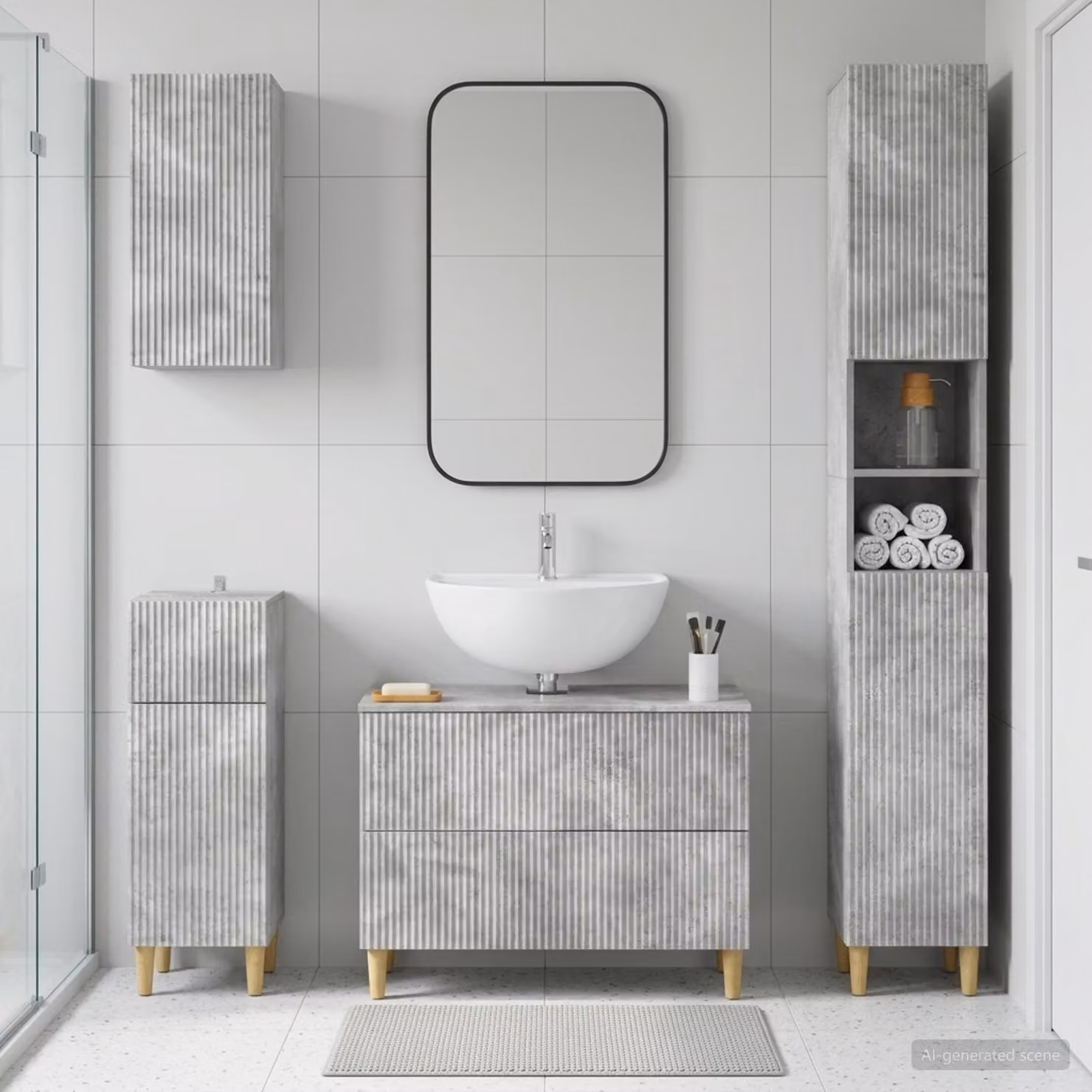Set di mobili da bagno moderno vidaXL ARNHEM da 4 pezzi in grigio cemento con mobile sottolavabo e pensile a parete