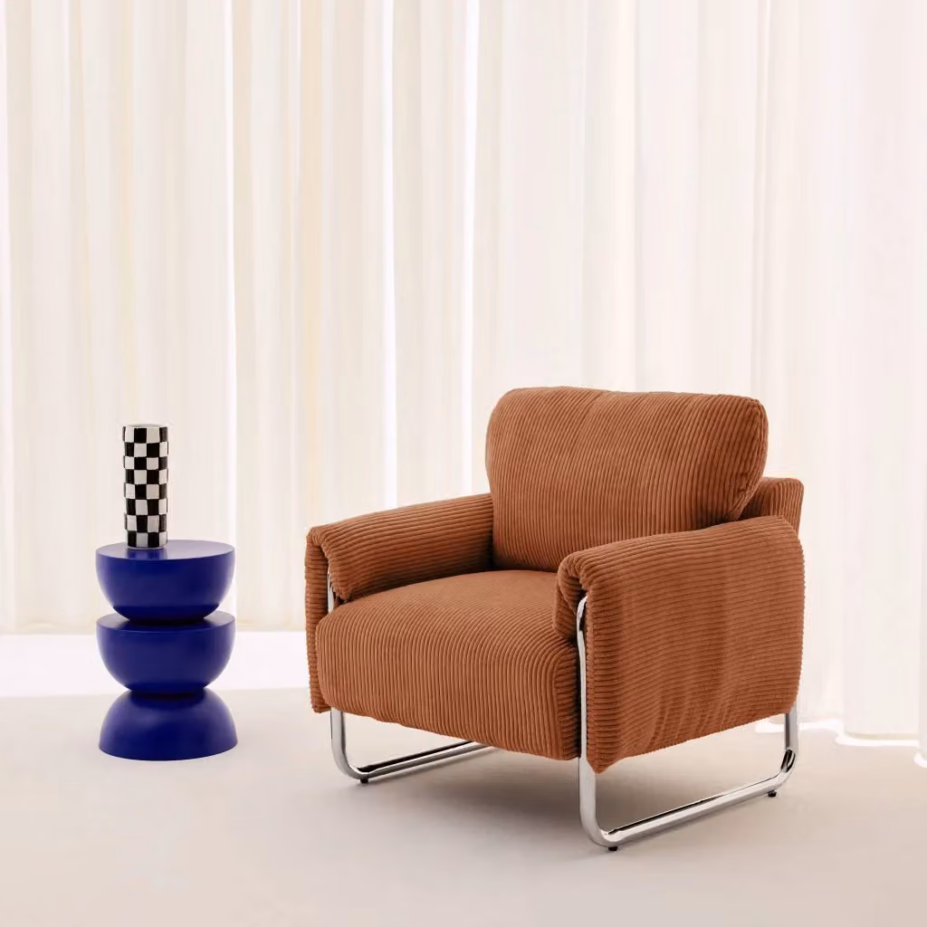 Poltrona vintage SWEEEK in velluto a coste color terracotta con struttura in metallo cromato – 2