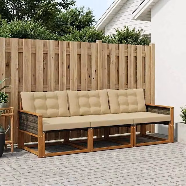 Set di divani da esterno 3 pezzi vidaXL in legno di acacia e textilene, colore marrone e beige con cuscini inclusi – 1