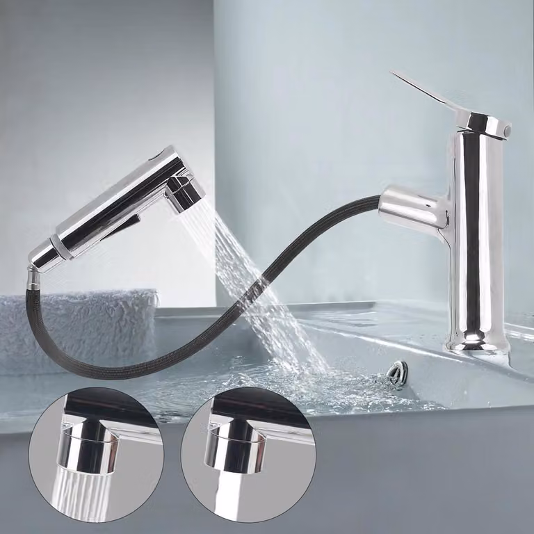 Miscelatore da bagno estraibile, cromato, con 3 getti e doccetta flessibile, lunghezza 60 cm