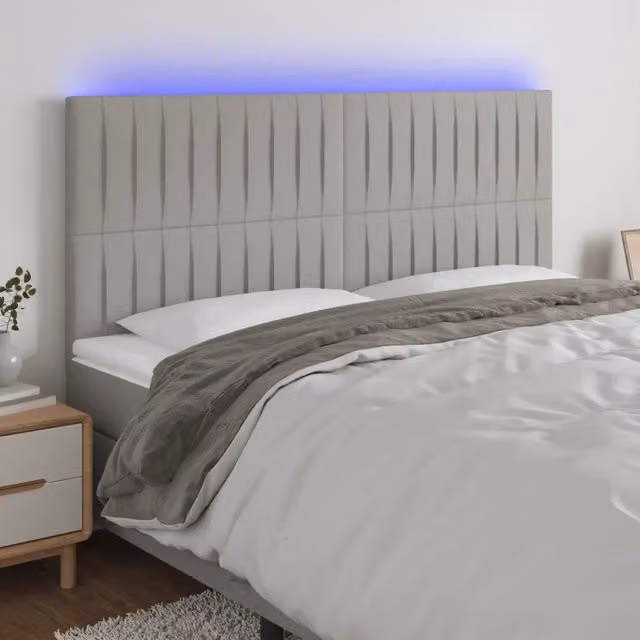 Testiera con LED Design Mania in tessuto grigio chiaro con porta USB e luce di lettura L 200 cm x H 128 cm x P 5 cm