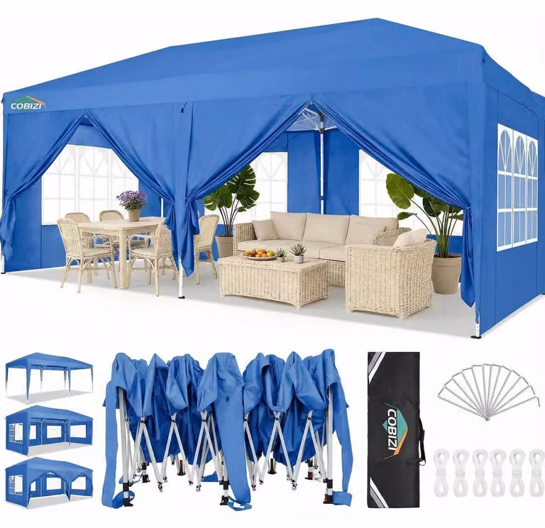 Gazebo pieghevole 3x6 metri, colore blu, impermeabile, stabile, con protezione UV, dotato di 6 pannelli laterali e borsa per il trasporto