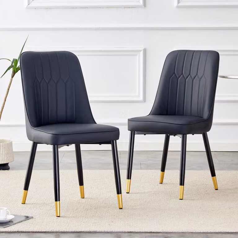 Set da 2 sedie da pranzo in Finto cuoio nera moderna, con schienale imbottito e gambe in metallo nero; comode sedie imbottite per sala da pranzo, cucina e camera da letto