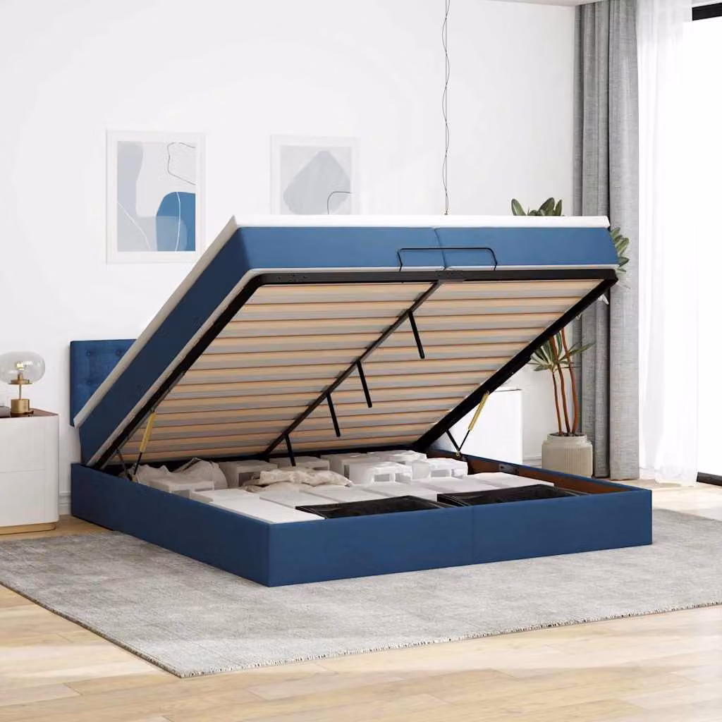 Letto matrimoniale con contenitore a sollevamento vidaXL in tessuto blu e bianco con porta USB e illuminazione sottostante L: 200 cm, P: 200 cm, H: 280 cm