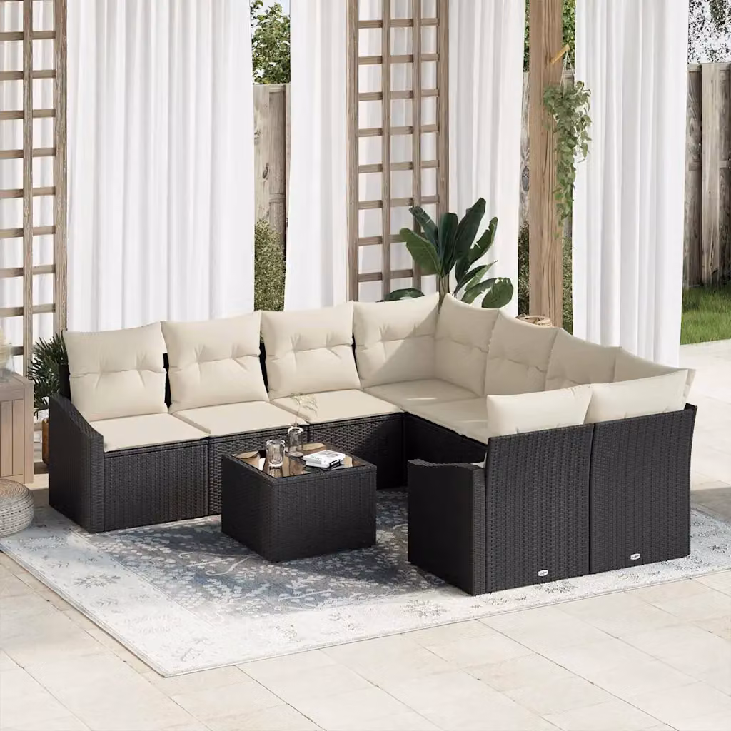 Set di divani da giardino vidaXL in rattan nero e beige con cuscini e tavolino da esterno – 1