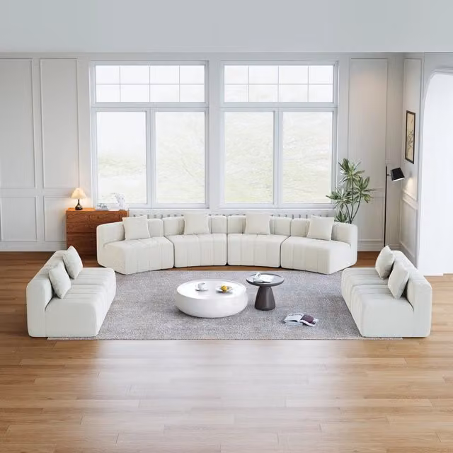 Divano Modulare Minimal in Tessuto Chenille Grigio Chiaro con Cuscini Imbottiti