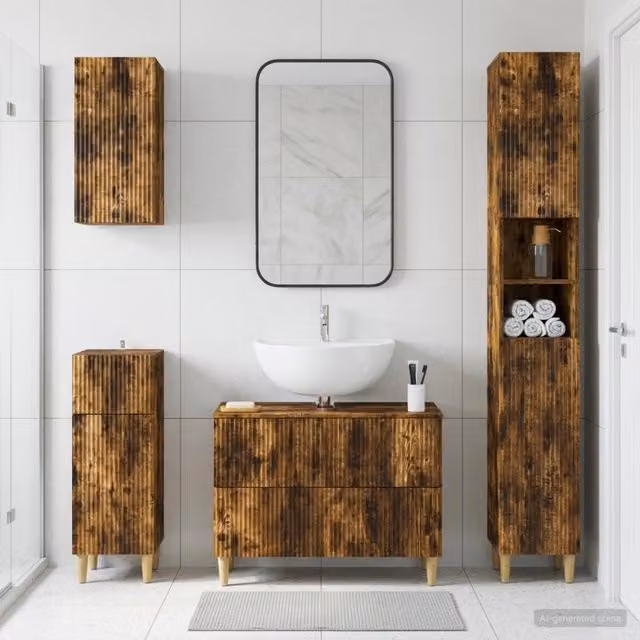 Set di mobili da bagno moderno vidaXL in legno marrone con mobile lavabo e pensile a muro