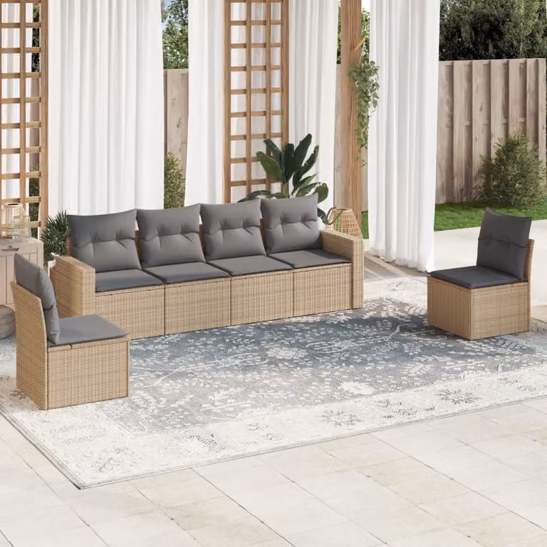 Set Divano da Giardino vidaXL 6 pz in Polyrattan con Cuscini Beige e Grigio con Struttura in Metallo e Tessuto Resistente ai Raggi UV