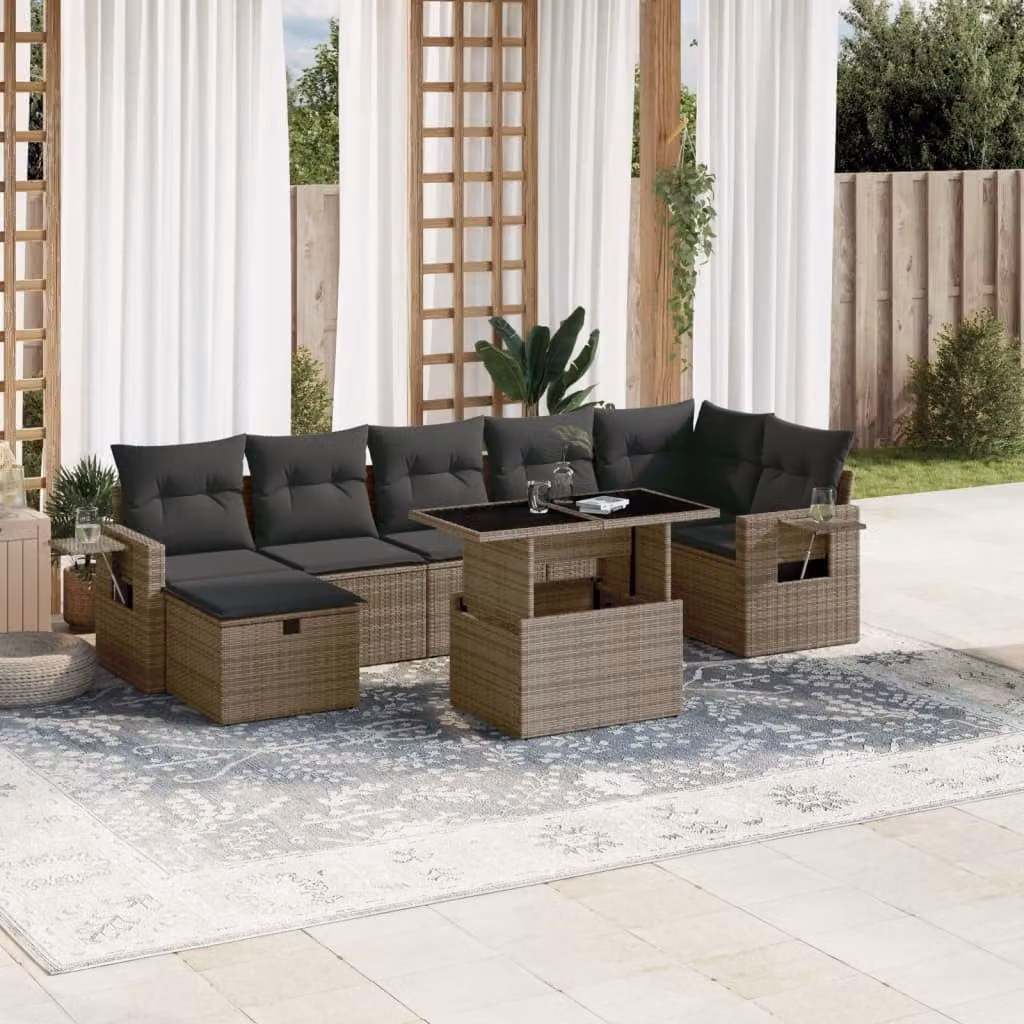 vidaXL Set Divano da Giardino a L 8 pz in Polyrattan Grigio con Cuscini e Tavolino – 1