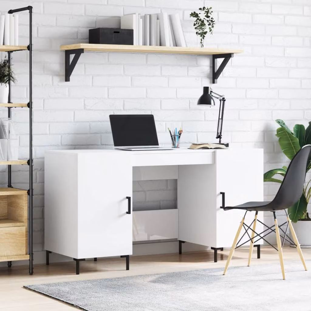 Scrivania da scrittura vidaXL Bianco Lucido in Legno e Metallo L: 140 cm, P: 50 cm, H: 75 cm