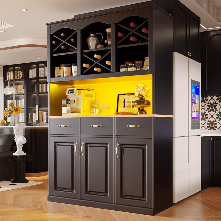 Mobiletto da cucina 120x180cm LED, buffet alto nero, 3 ante e 3 cassetti, comando app, mobile multiuso in MDF