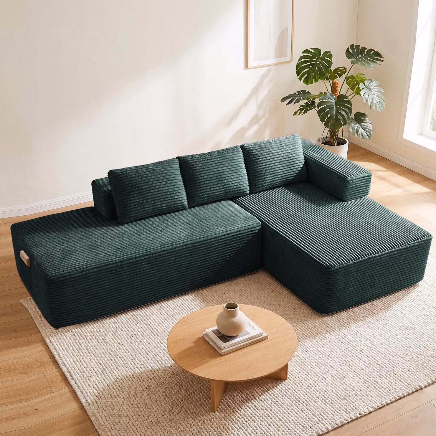 Divano componibile modello Ecksofa, con funzione letto, 255 cm, rivestito in velluto. Divano modulare "Boneless" con chaise longue e struttura in metallo per lo schienale. Divano a L con funzione letto e struttura aperta
