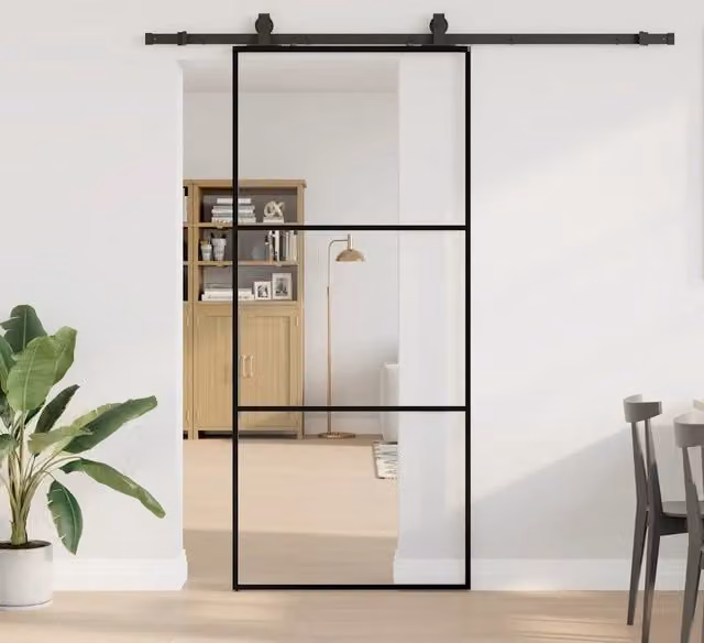 Porta Scorrevole Moderna VIDAXL in Vetro Trasparente con Telaio in Alluminio Nero L: 90 cm, H: 205 cm – 1