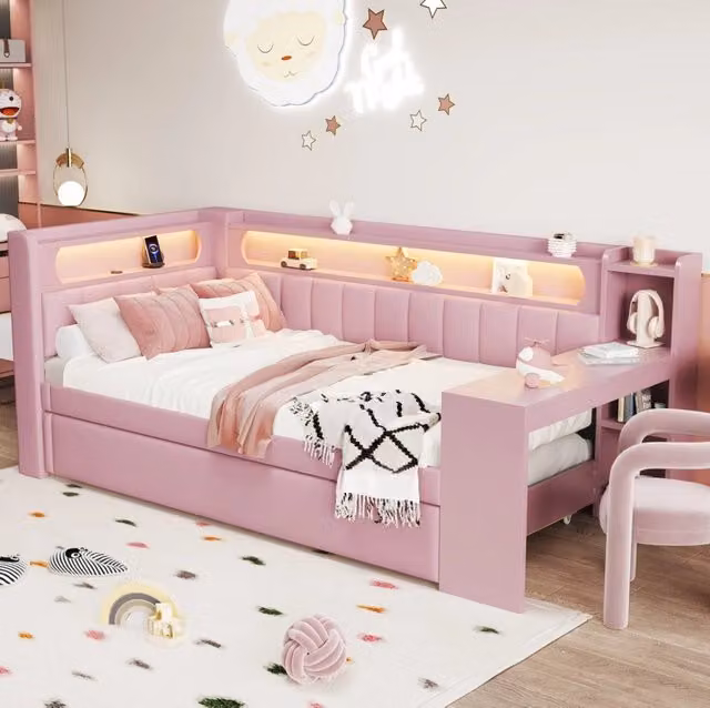 Letto a giorno imbottito 90x200 cm rosa con LED; USB; letto estraibile e scrittoio