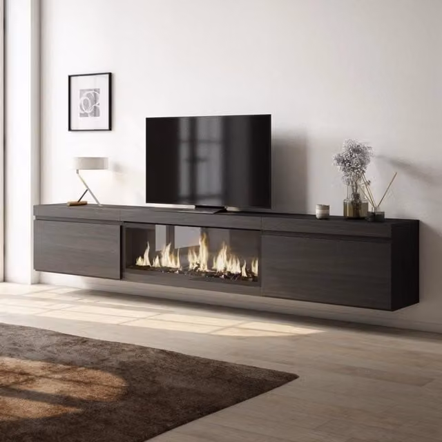 Mobile TV Soggiorno, 267x35x45cm, TV di grande formato, Camino elettrico XXL, da appendere, Nero RF3602