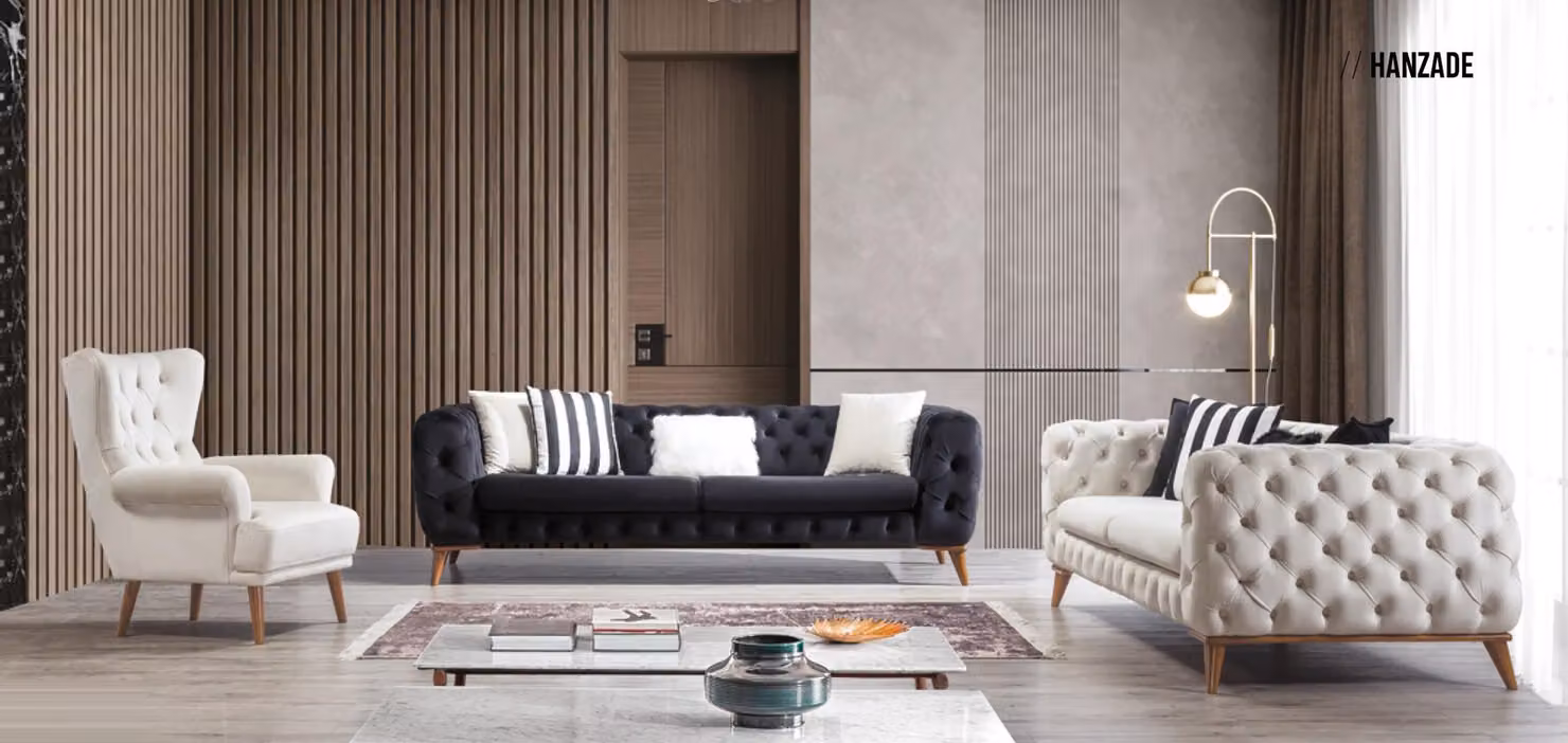 Sofagarnitur Sofa 3+3+1 Sitzer Schwarz Chesterfield Sessel Möbel Luxus Design