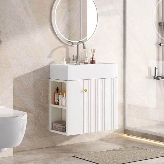 Mobile bagno sospeso WISHDOR moderno in legno bianco lucido con ante soft-close L: 69 cm, P: 52 cm, H: 32 cm