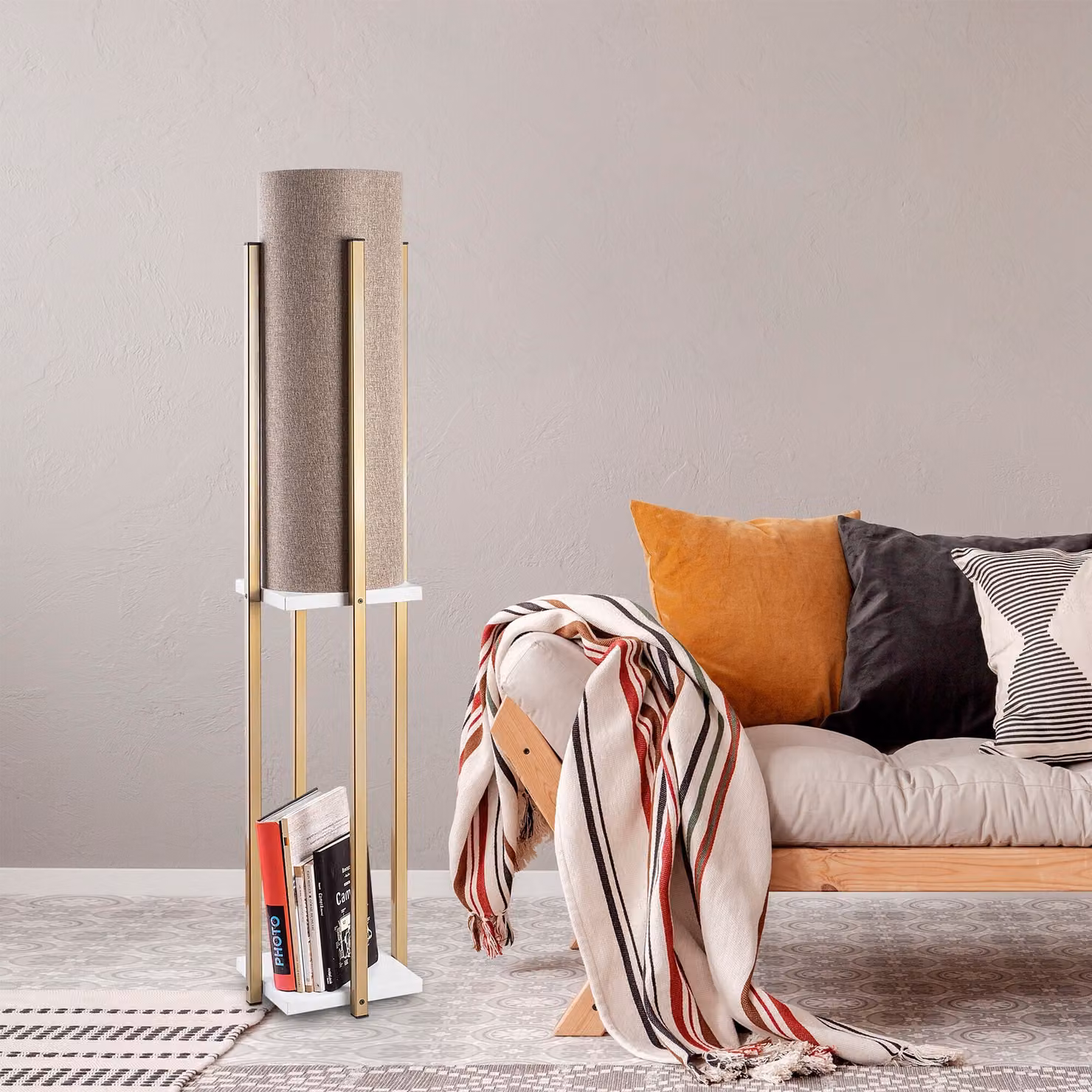 Opviq, 7134- 7134LMP, Bianco,Oro, Lampade da terra, 25 x 25 x 130 cm, Corpo in metallo