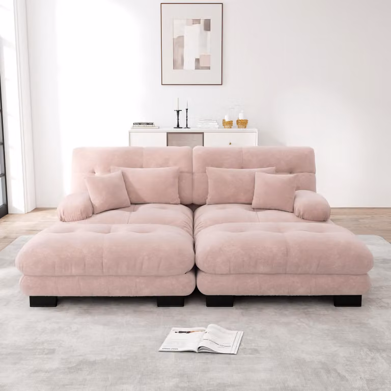 Divano angolare Sweiko Cloud per soggiorno, divano doppio in ciniglia con 2 cuscini lombari e 2 cuscini decorativi, divano imbottito con ampi braccioli e 2 pouf, ciniglia rosa