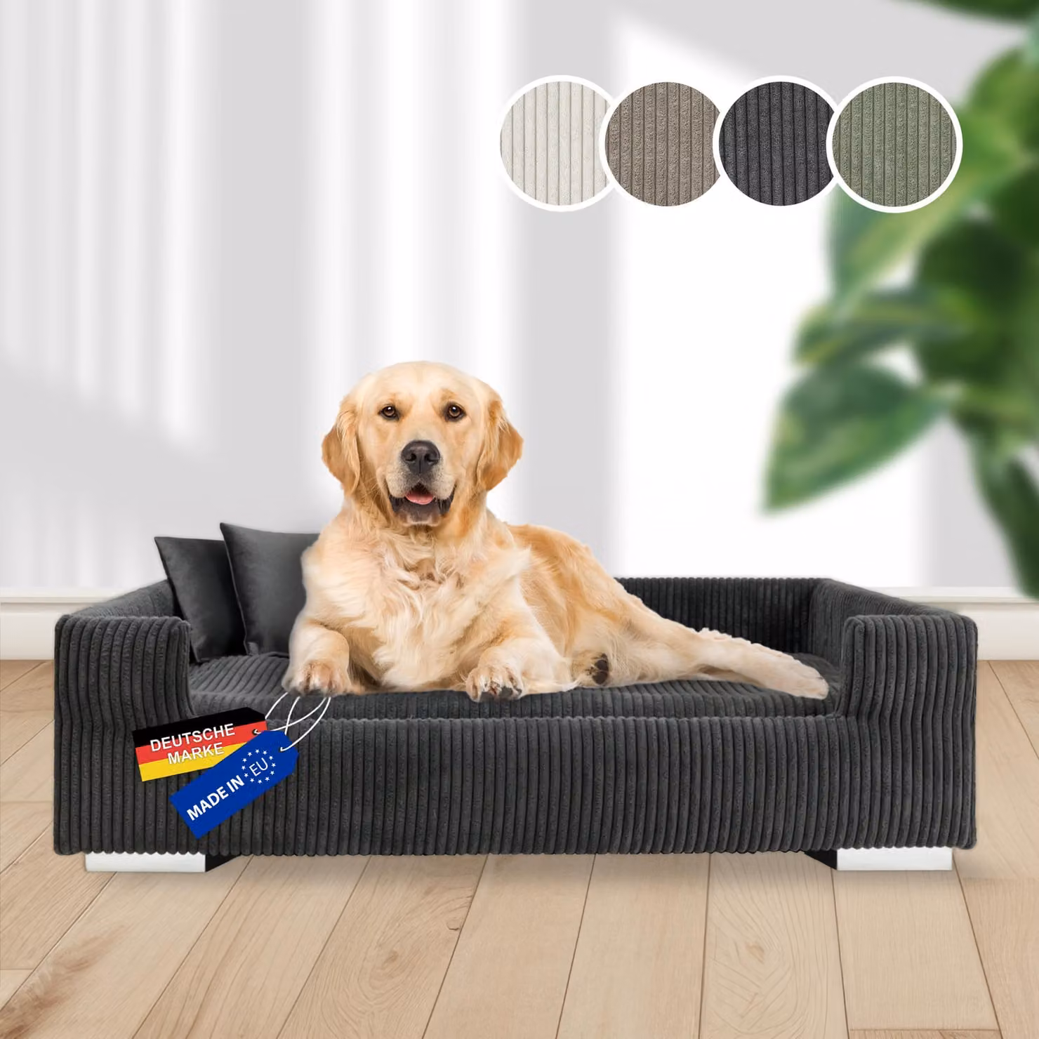 Taglierina per tubi Divano per cani | Letto per cani in velluto a coste per cani di taglia media e grande, bordo alto, rivestimento lavabile, velluto a coste 100% poliestere | 2 colori | L 90 x P 57 x A 26 cm | incl. 2 cuscini decorativi, colore: grigio s