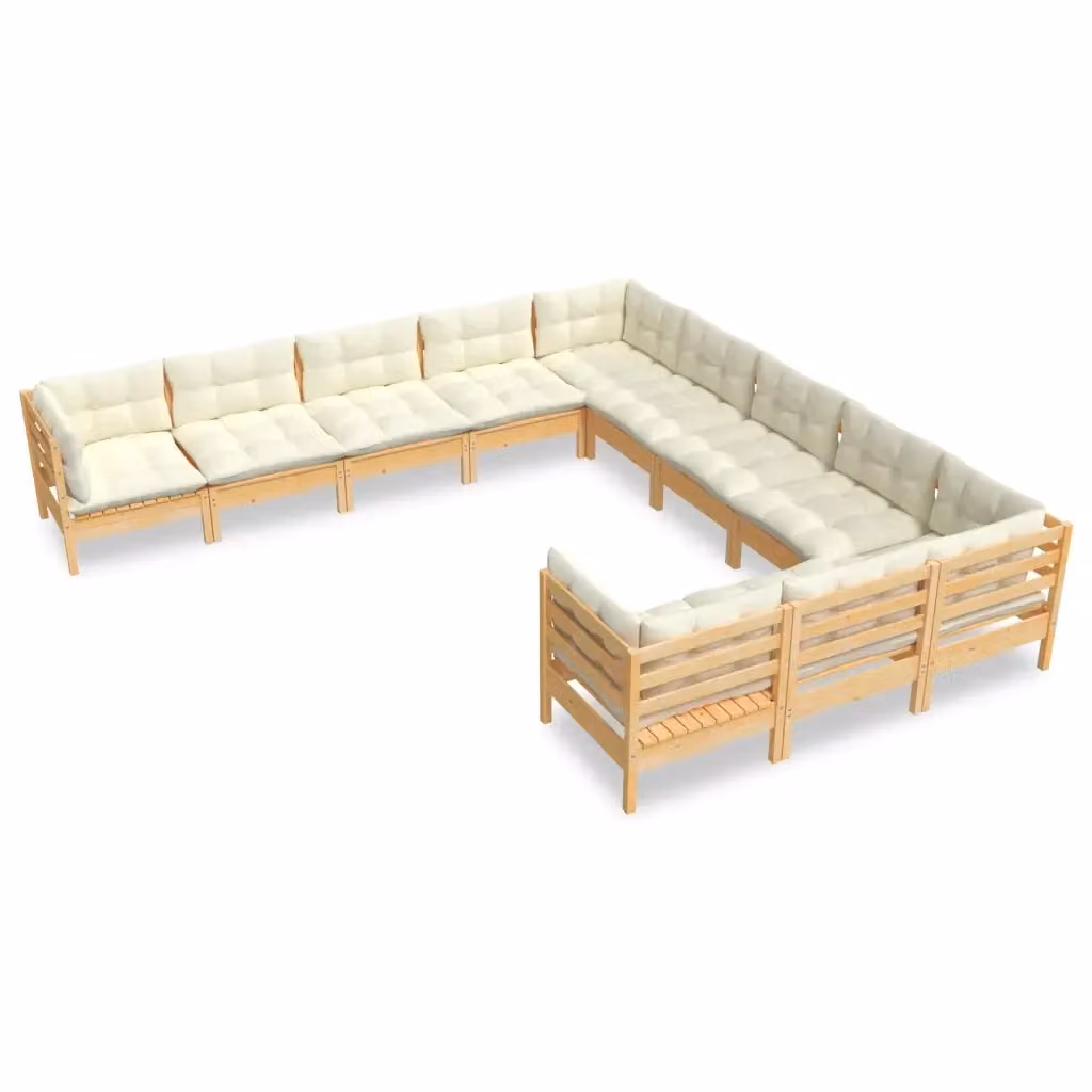 Set di Divani da Giardino a Forma di U vidaXL in Legno di Pino con Cuscini Beige, 11 Pezzi – 2