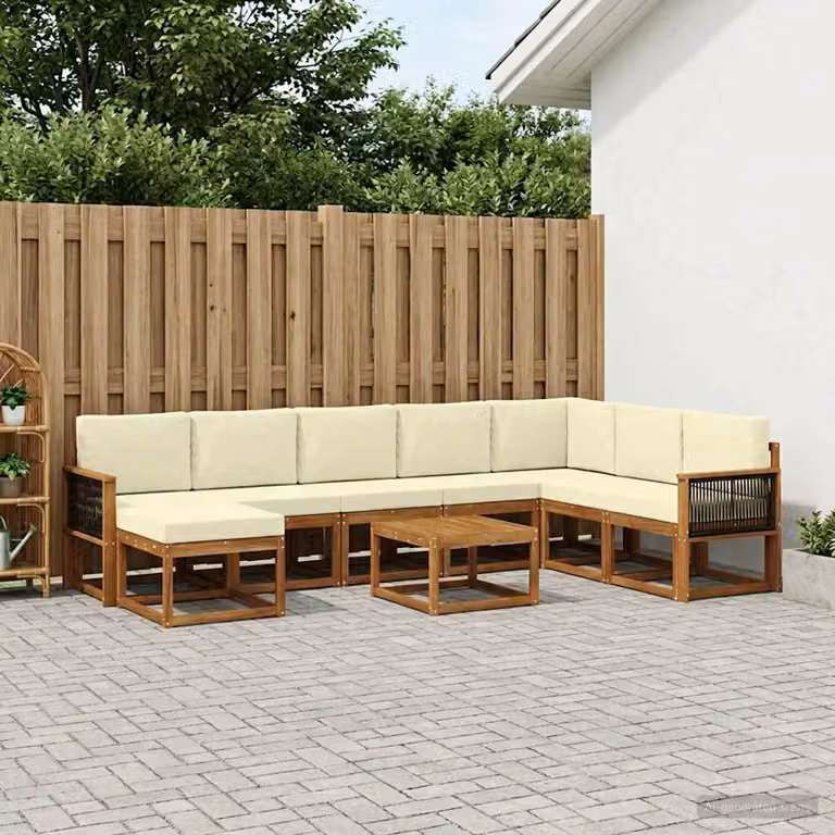 vidaXL Set di divani da esterno a L in legno di acacia con tavolino e pouf, 9 pezzi, Marrone e Beige