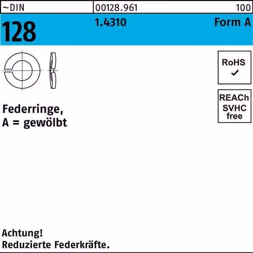 Rondelle elastiche Reyher DIN 128 1.4310 A 16 inox 001289619160000 (50 pezzi)