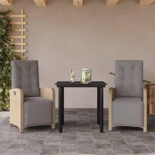 Set da Bistrò vidaXL in Polyrattan con Cuscini Beige e Tavolo in Vetro per Giardino e Terrazzo – 1