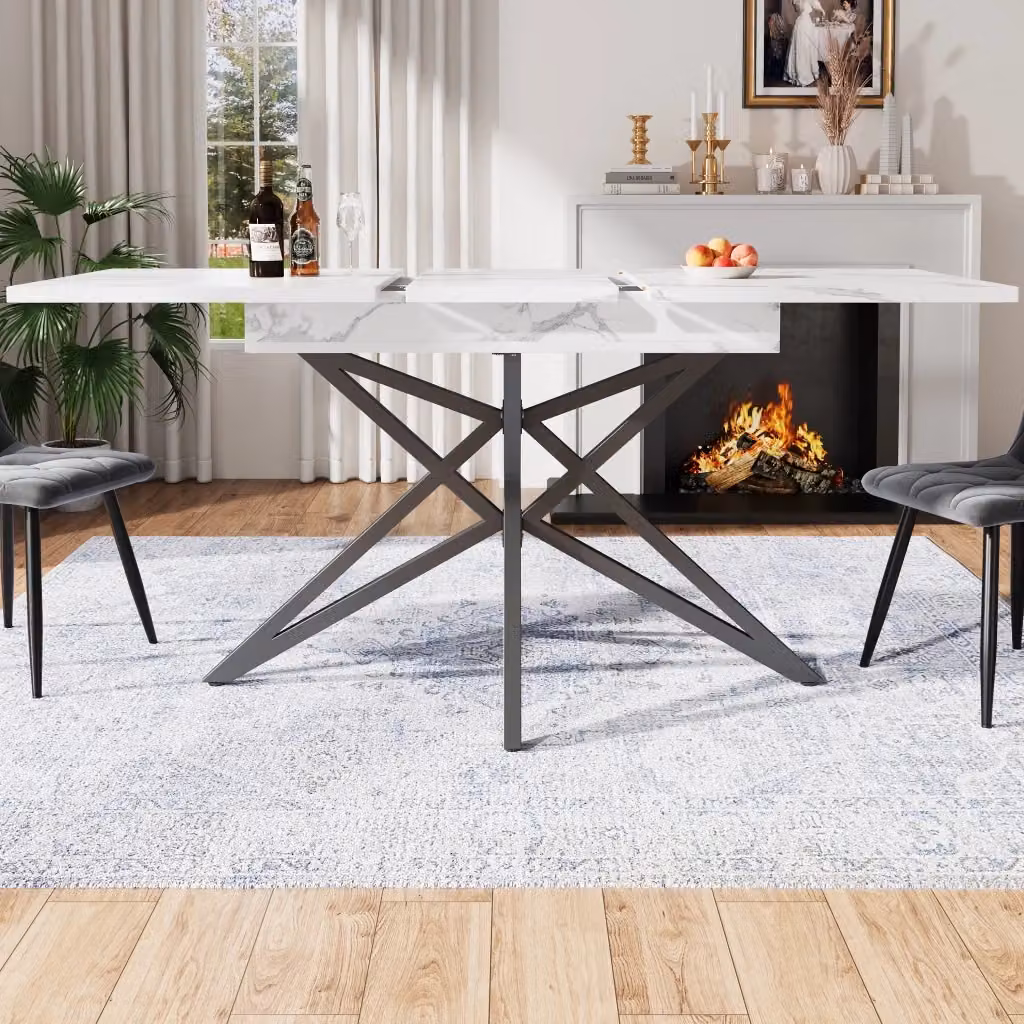 Tavolo da pranzo rettangolare allungabile bianco con piano in MDF laminato lucido e gambe in metallo a X – 2