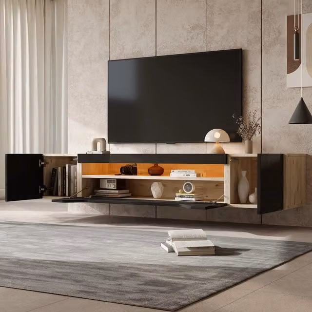 Mobile porta TV sospeso OKWISH con LED e 3 vani contenitore in MDF nero e legno naturale per soggiorno L: 180 cm, P: 37 cm, H: 36 cm